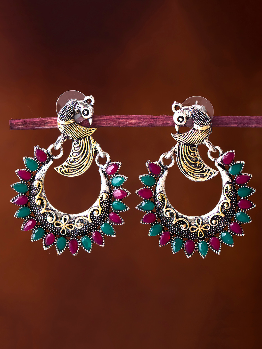 Sukkhi Silver-Toned & Green Peacock Shaped Chandbalis