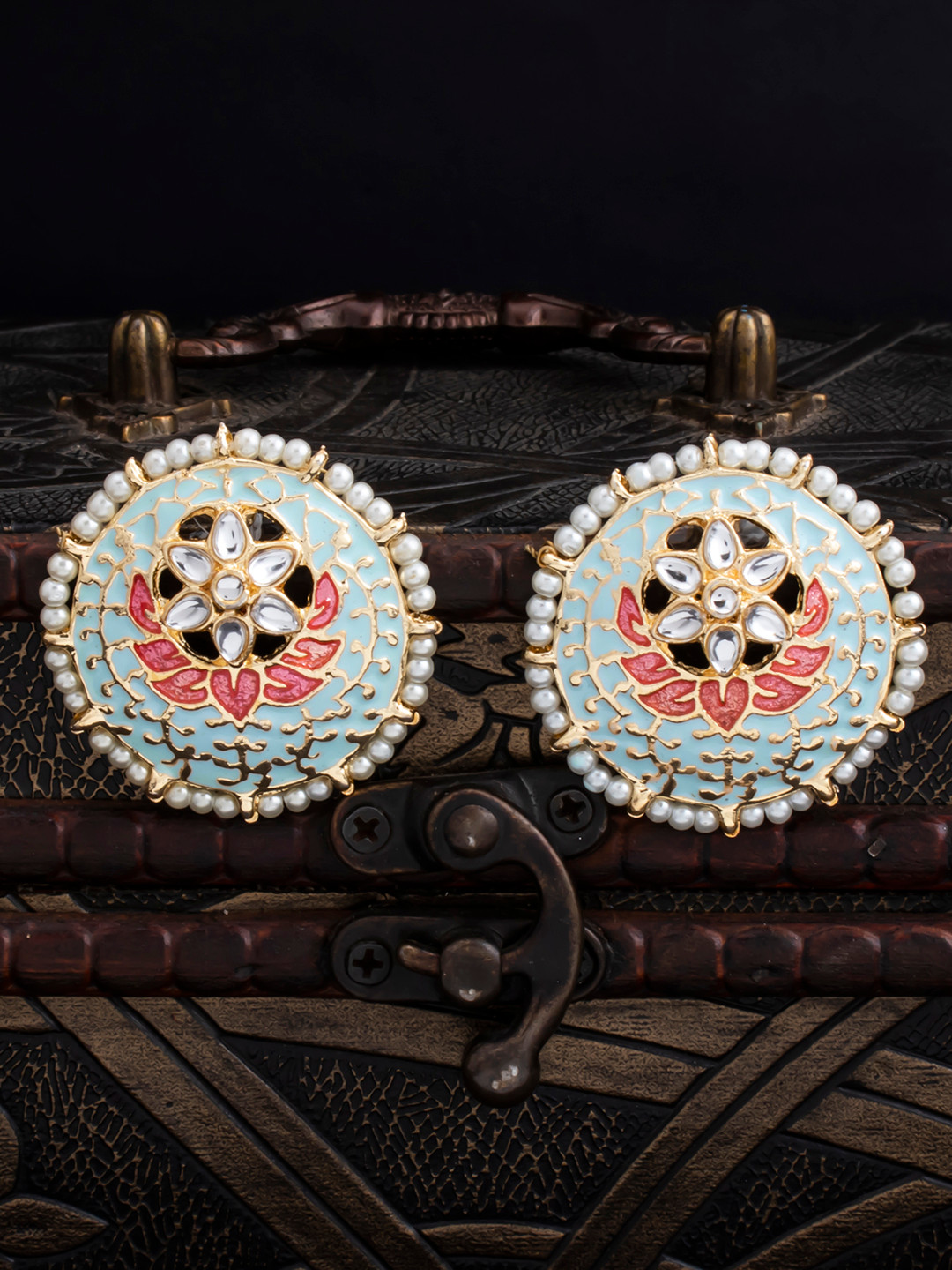 Sukkhi Turquoise Blue & Red Gold-Plated Kundan Meenakari Oversized Circular Studs