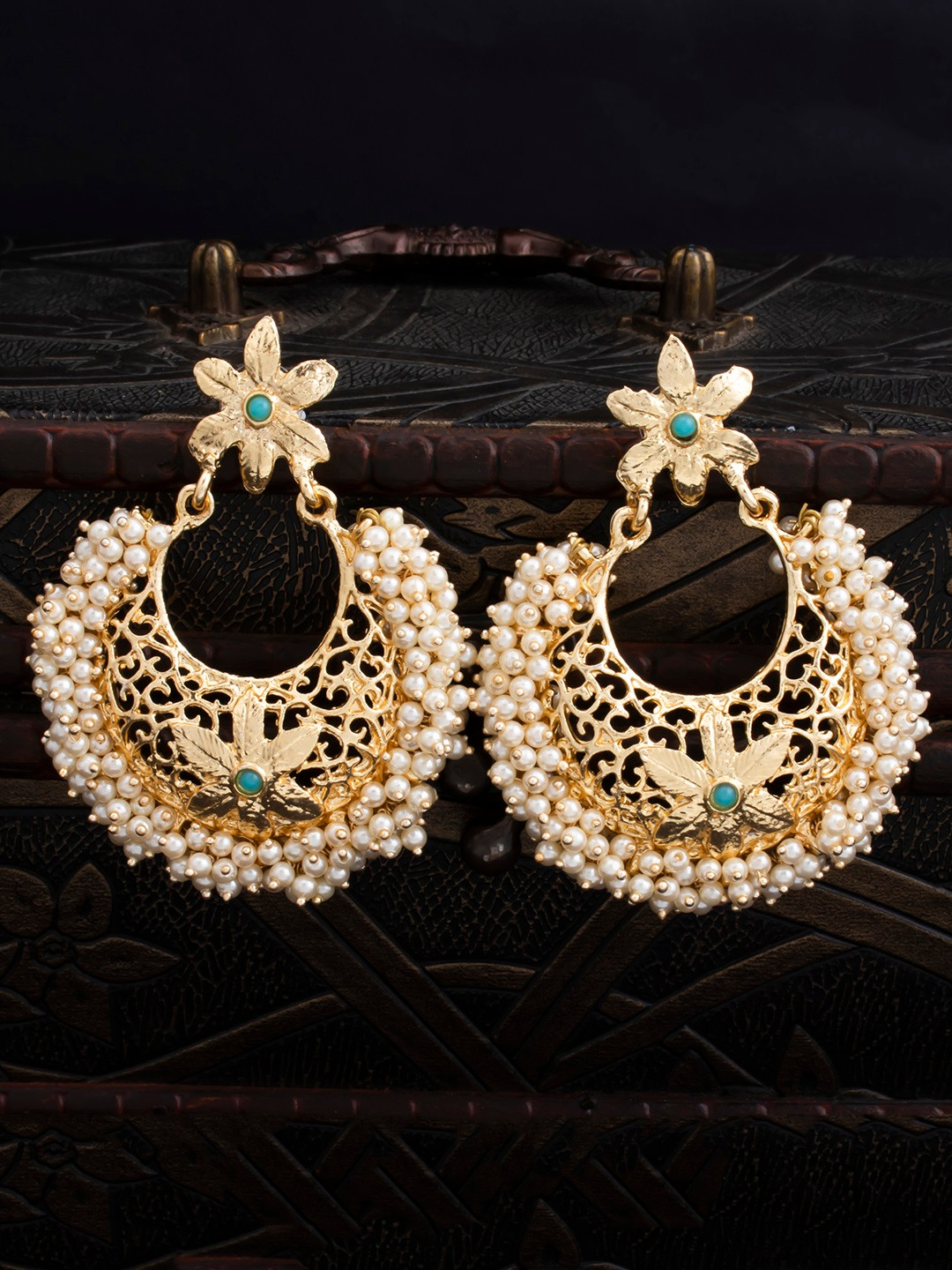 Sukkhi Gold-Plated & Turquoise Blue Floral Chandbalis