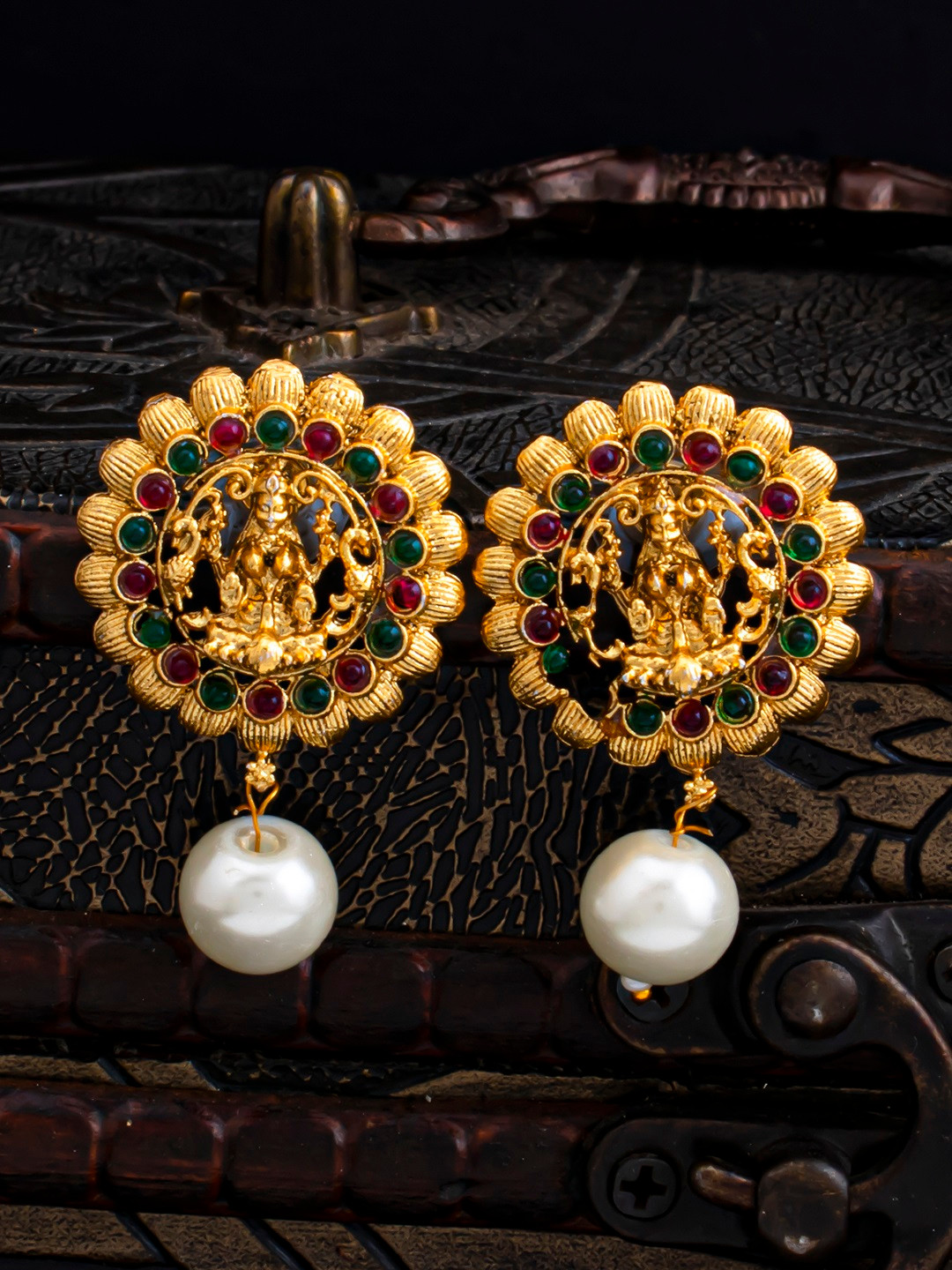 Sukkhi Red & Green Gold-Plated Filigree Classic Drop Earrings