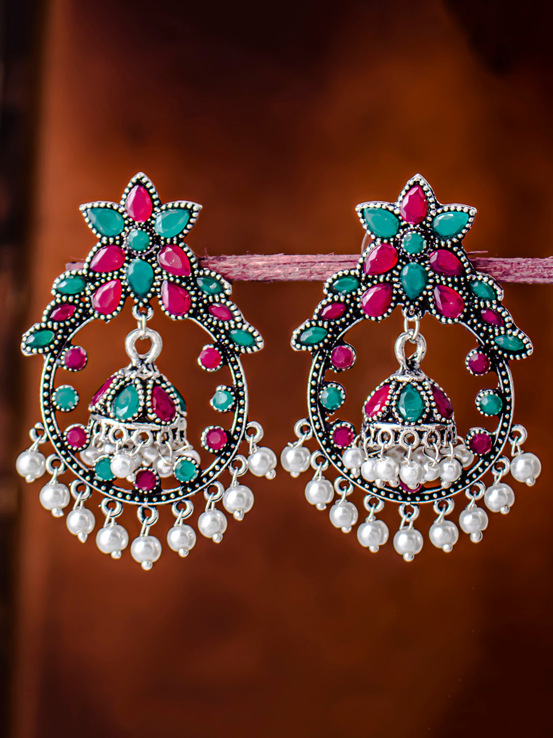 Sukkhi Rhodium-Plated Silver-Toned & Green Oxidised Classic Drop Earrings