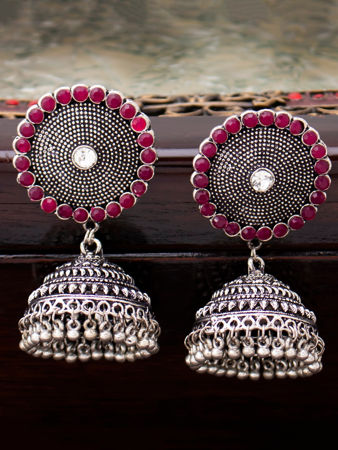 Sukkhi Red Dome Shaped Oxidised  Jhumkas