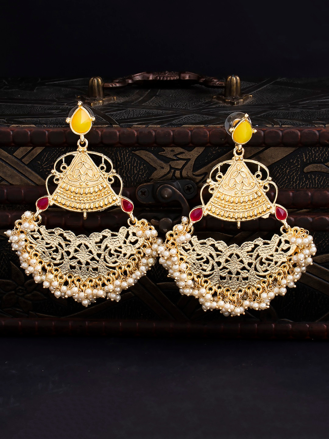 Sukkhi Gold-Plated & Red Classic Drop Filigree Earrings