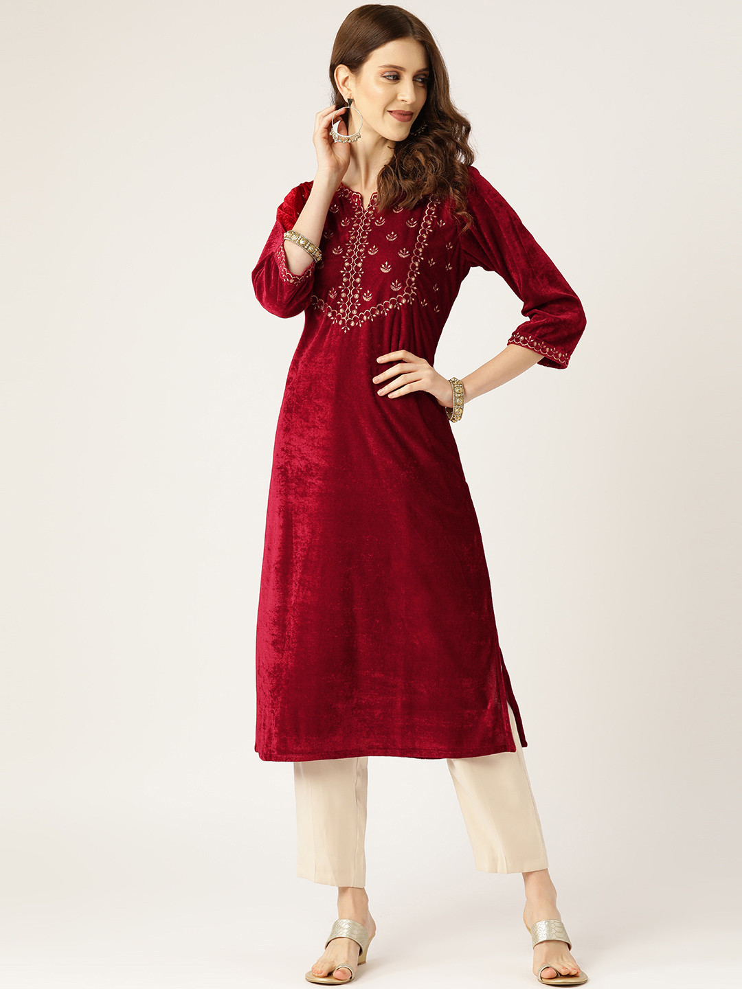 Shae by SASSAFRAS Maroon & Golden Yoke Design Straight Velvet Finish Kurta