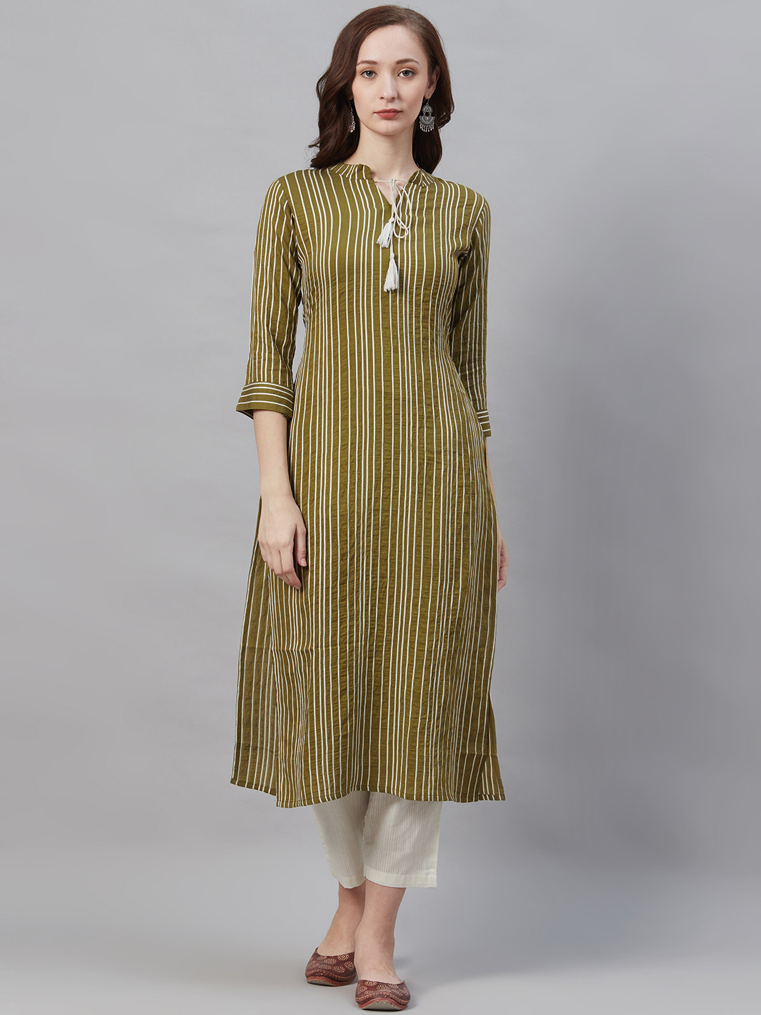 Indo Era Women Olive Green & White Striped Straight Kurta