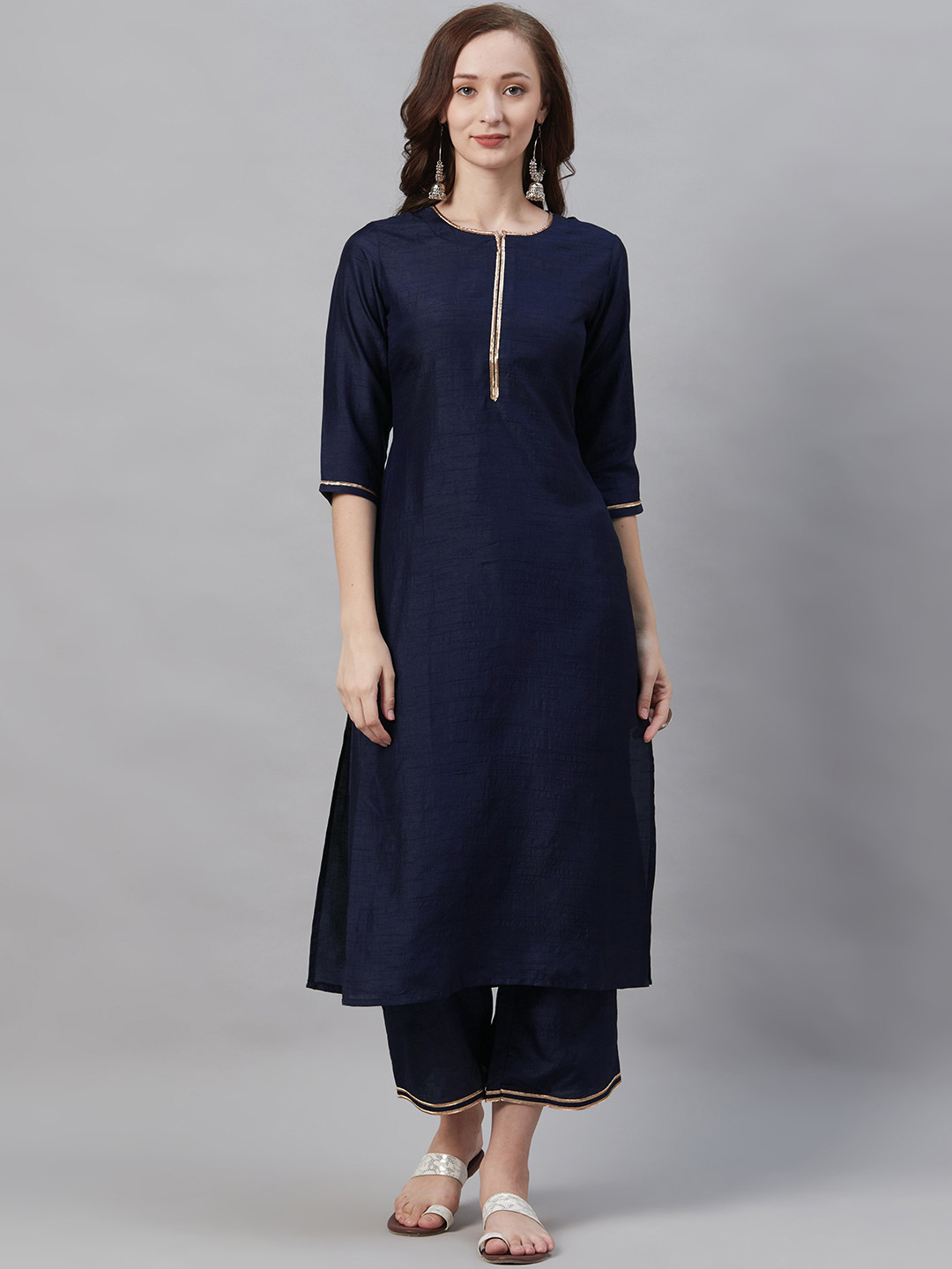 Indo Era Women Navy Blue Solid Kurta with Palazzos