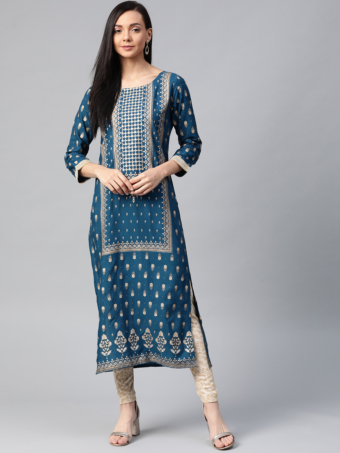 Indo Era Women Navy Blue & Golden Foil Printed Straight Kurta