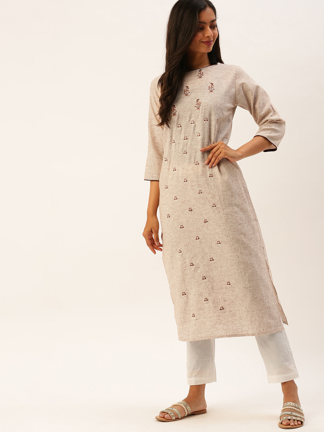 CATCHY Women Beige & Brown Embroidered Straight Kurta