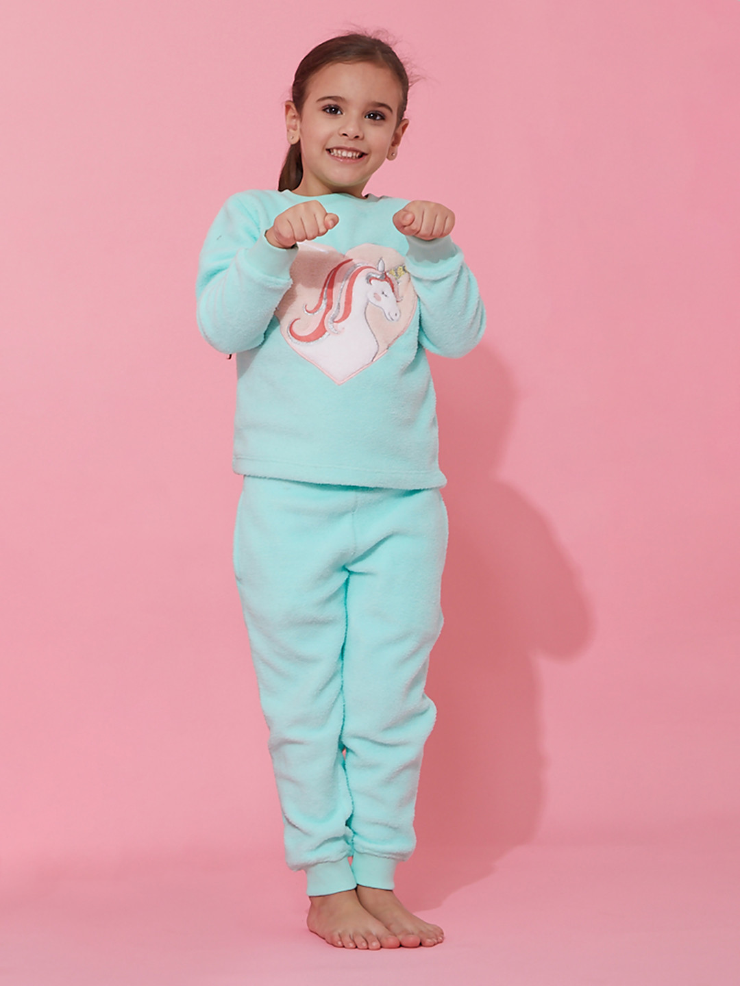 Cherry Crumble Girls Mint Green & Pink Unicorn Applique Fleece Night Suit