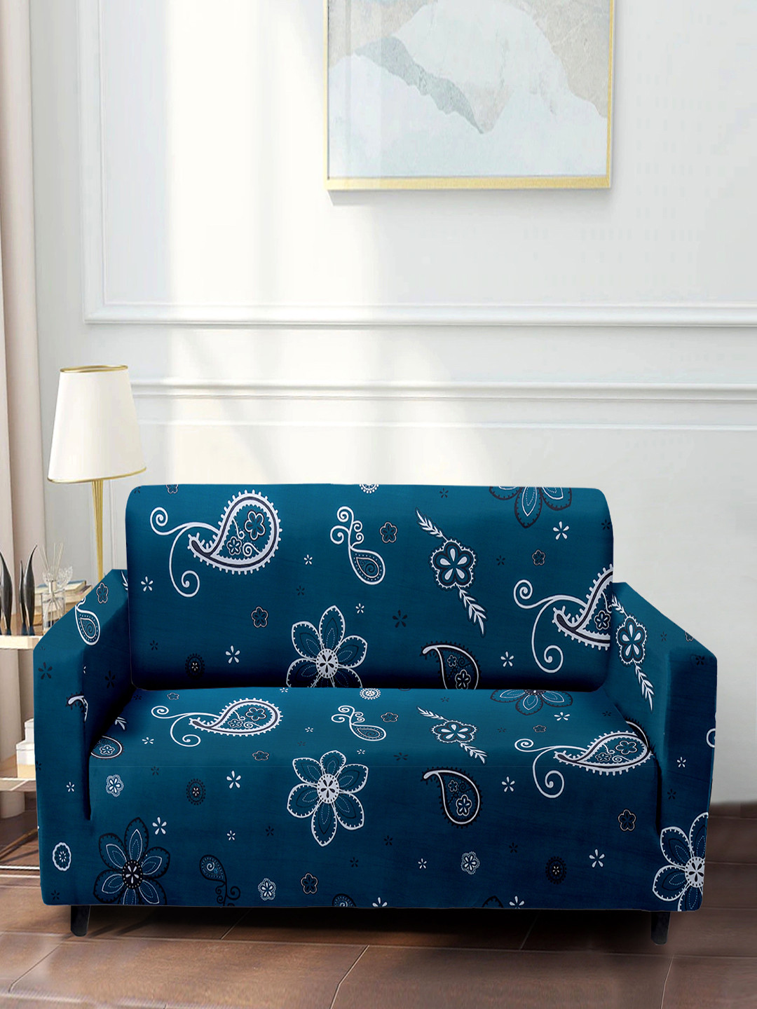 Cortina Teal Blue Printed 3-Seater Stretchable Non-Slip Sofa Slipcover