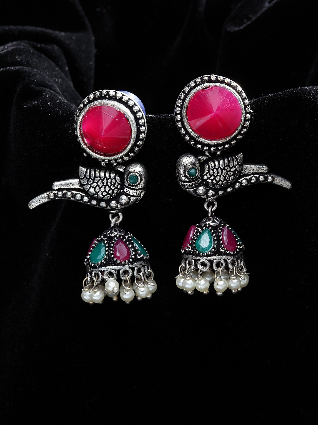 PANASH Silver-Plated & Pink German Silver Oxidised Peacock Shaped Jhumkas