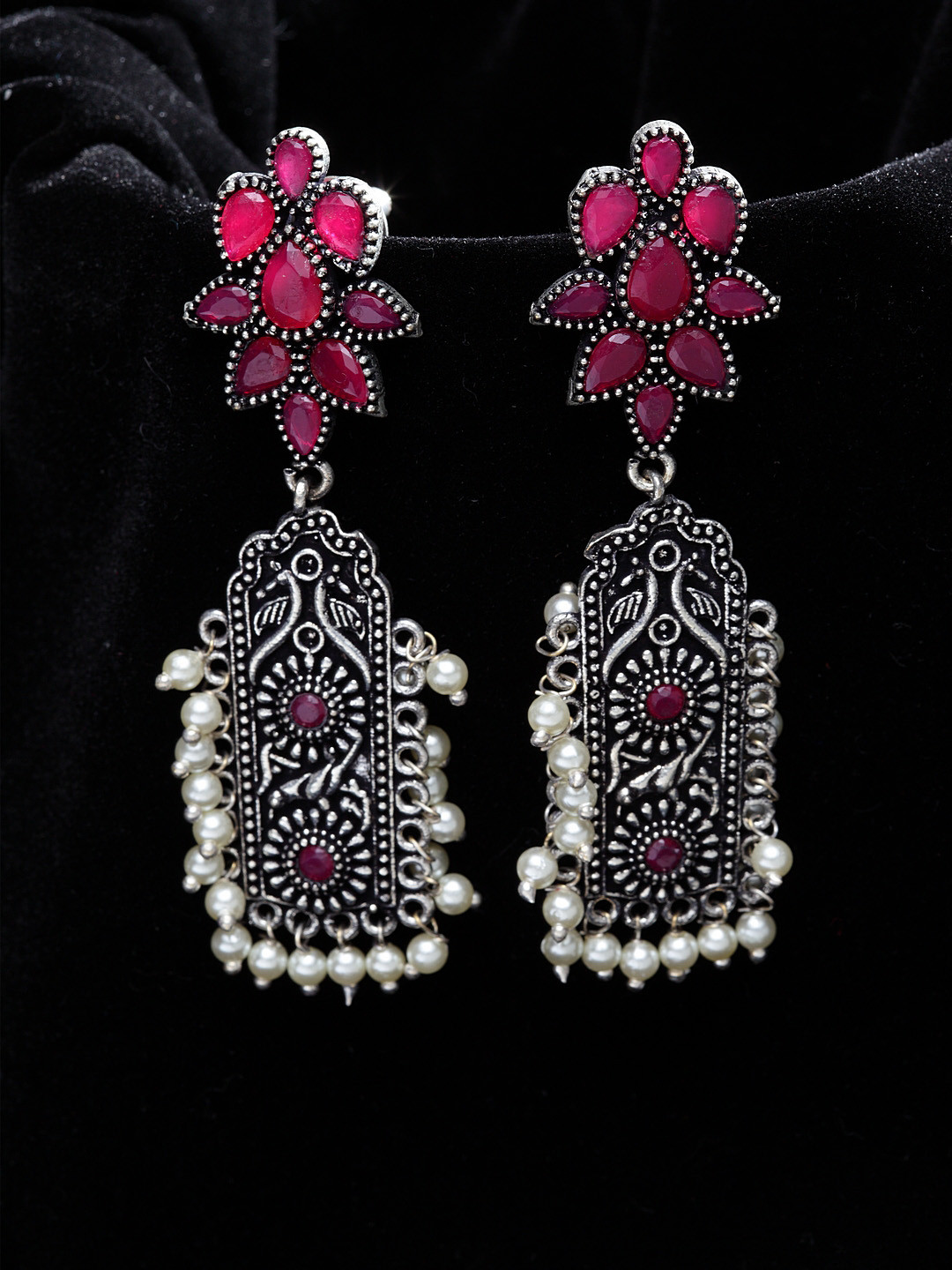 PANASH Silver-Plated & Pink Oxidised Floral Drop Earrings