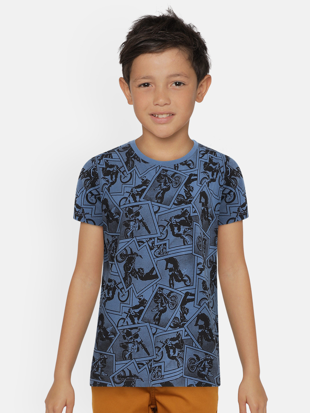 Pepe Jeans Boys Blue  Black Printed NEPTUNE SS IP Round Neck Cotton Pure Cotton T-shirt
