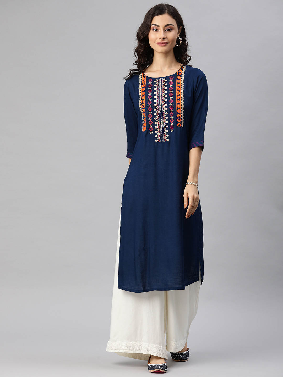 Alena Women Navy Blue Embroidered Straight Kurta