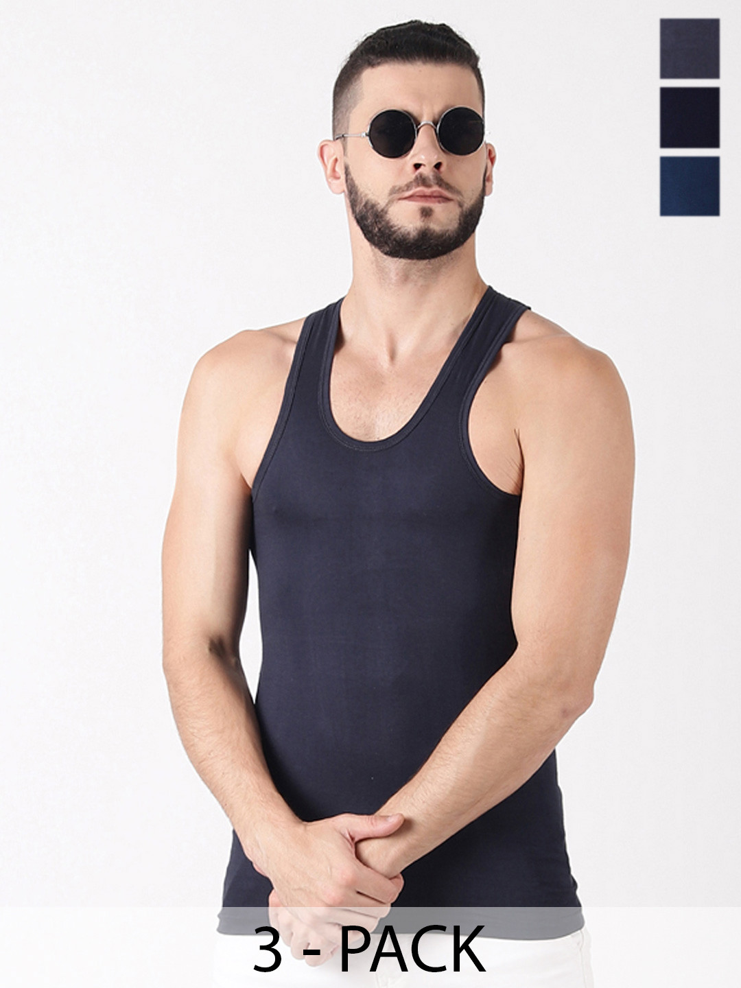 Dollar Lehar Men Combed Cotton Round Neck Vest -Pack of 3- Assorted