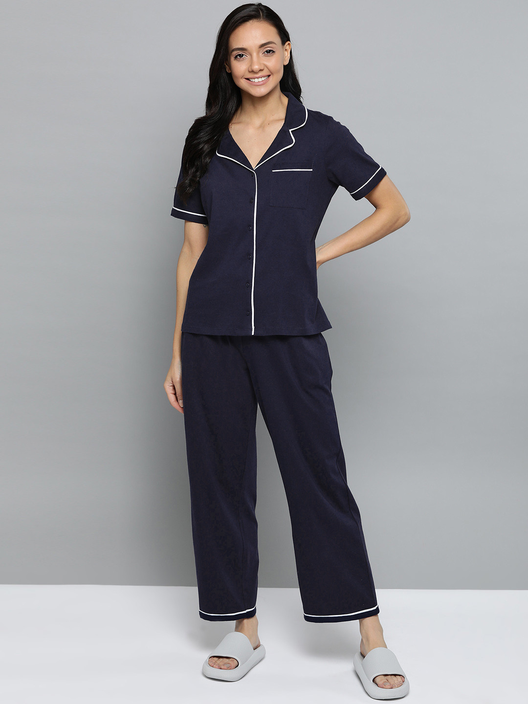 Mast & Harbour Women Navy Blue Solid Night Suit