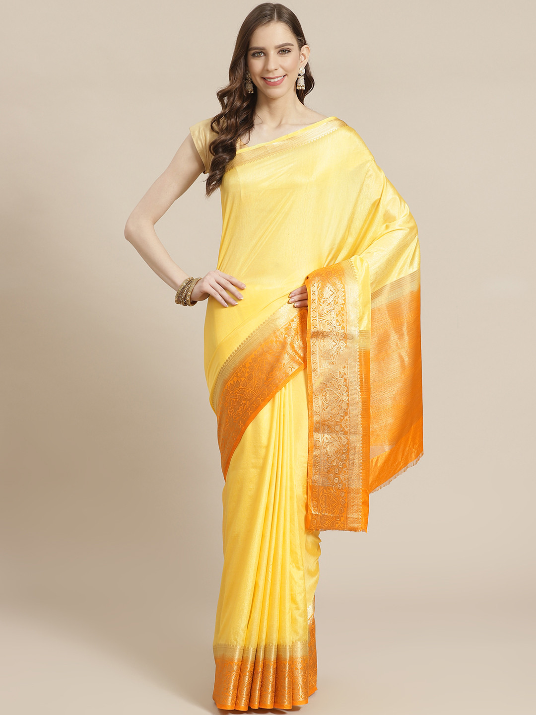 KALINI Yellow Silk Blend Solid Kanjeevaram Saree