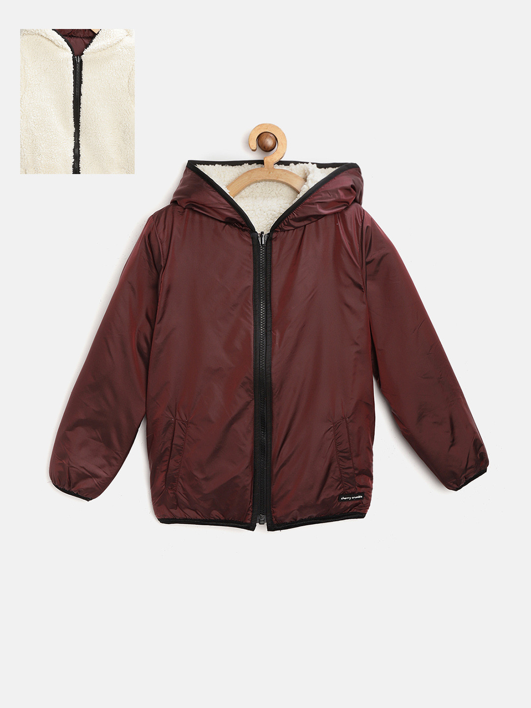 Cherry Crumble Kids Burgundy & Off-White Solid Reversible Hodded Padded Jacket
