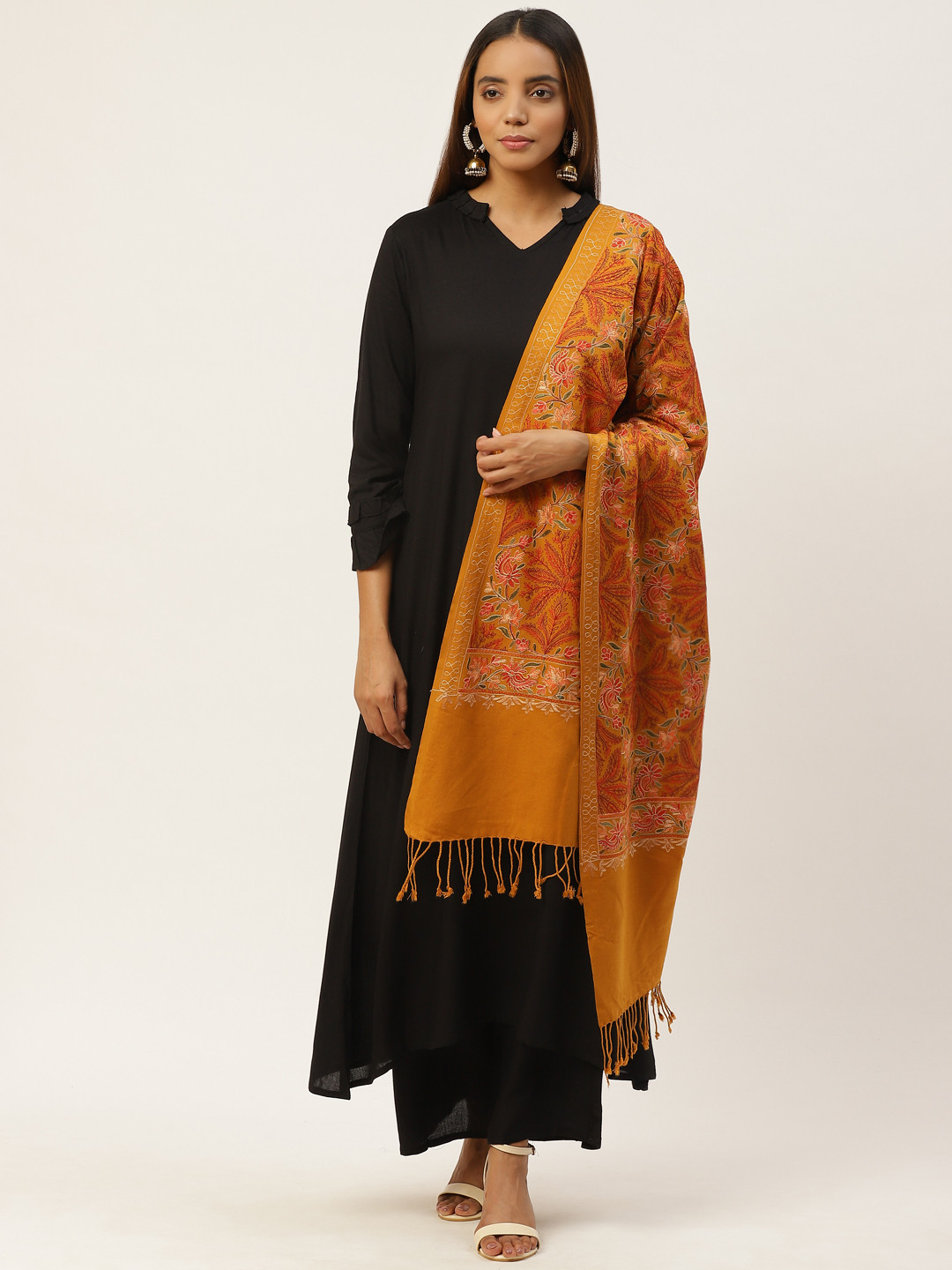 Anekaant Women Mustard Yellow & Red Floral Embroidered Shawl