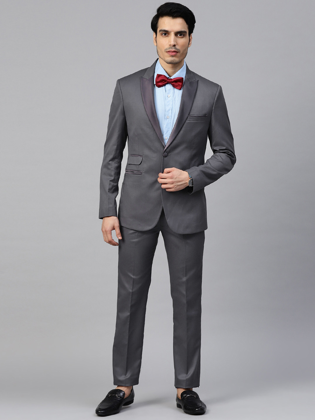 MANQ Men Charcoal Grey Solid Slim Fit Tuxedo Suit