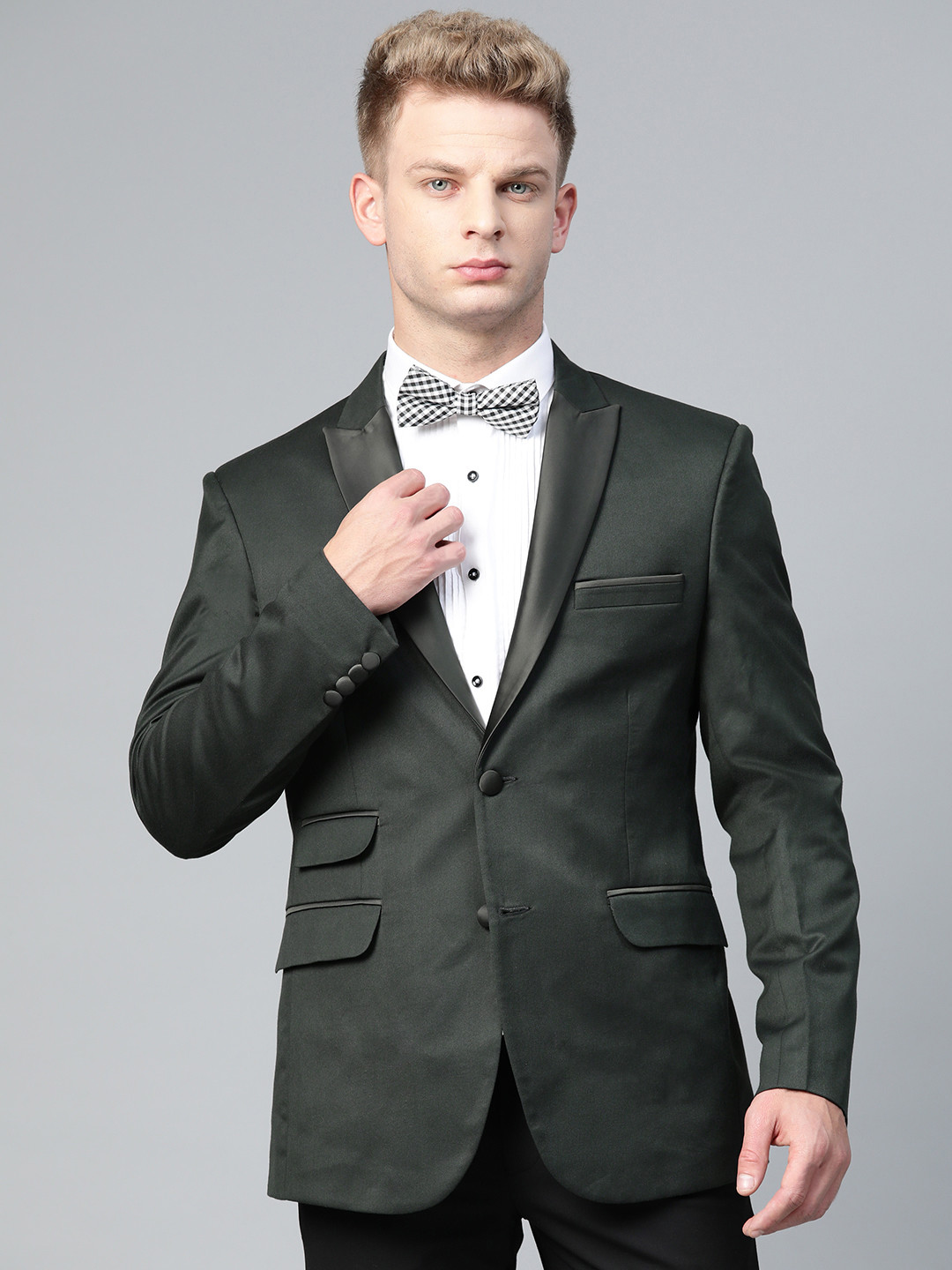 MANQ Men Green Twill Weave Slim Fit Solid Tuxedo Blazer With Pocket Square