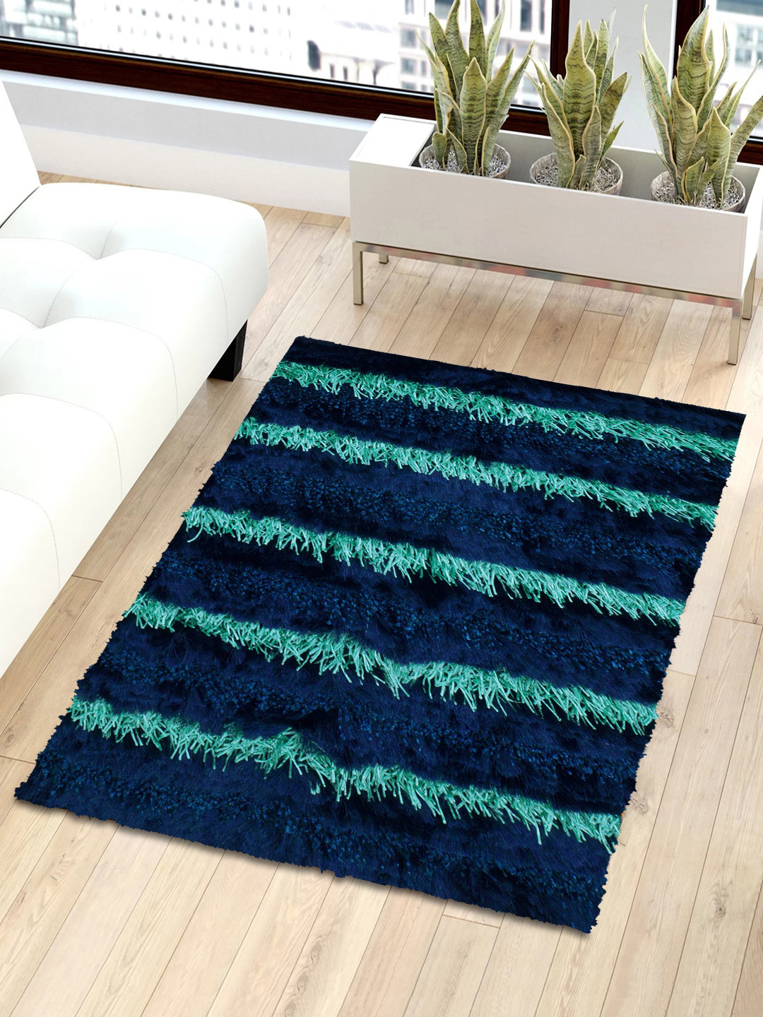 Story@home Blue Striped Shaggy Anti-Skid Carpet