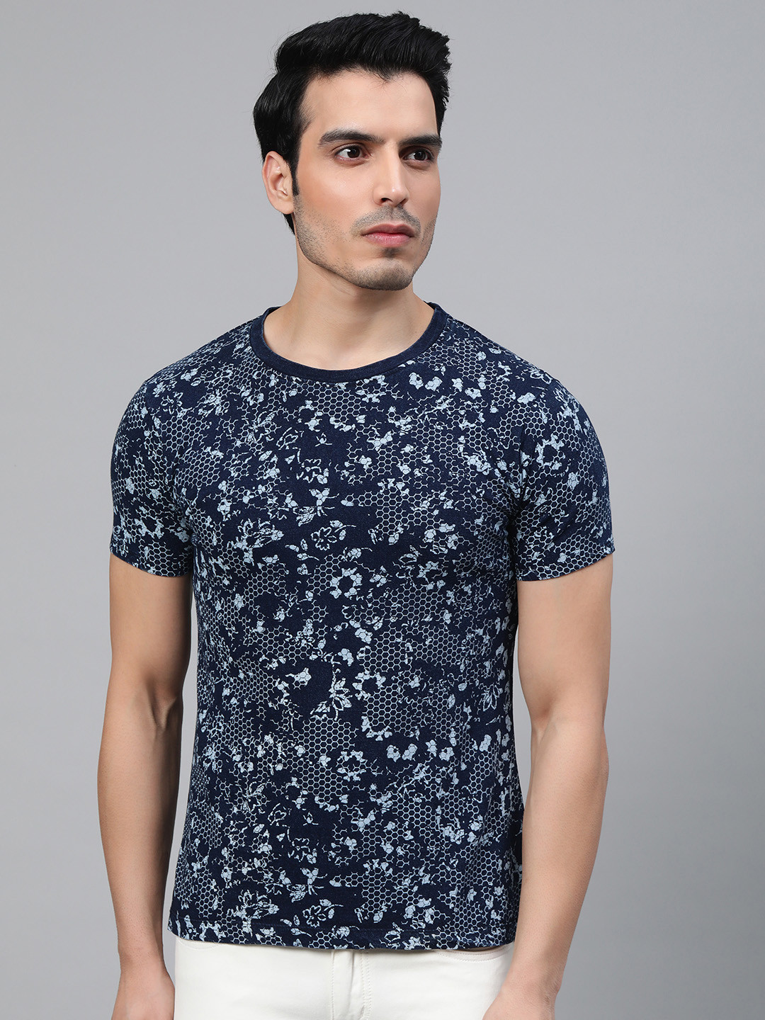 Blackberrys Men Blue Slim Fit Honeycomb Print Round Neck Pure Cotton T-shirt