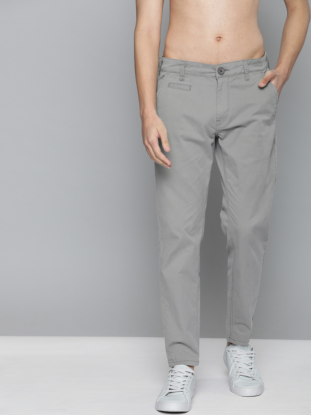 HERE&NOW Men Grey Slim Fit Solid Regular Trousers
