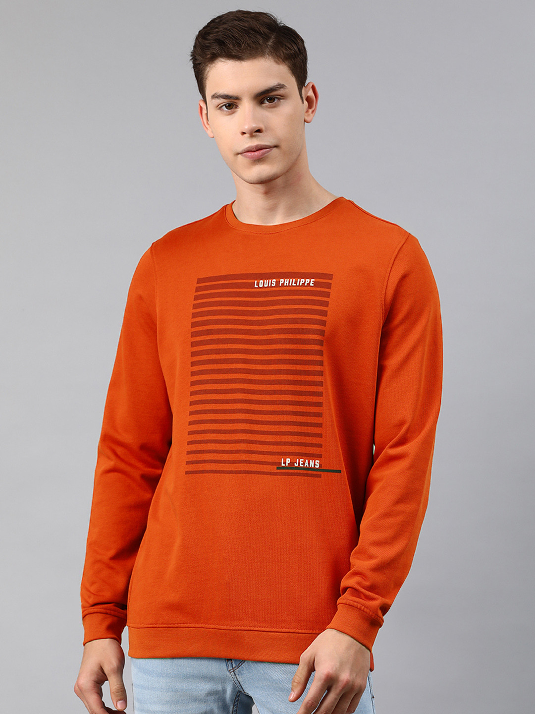 Louis Philippe Jeans Men Orange Printed Sweatshirt