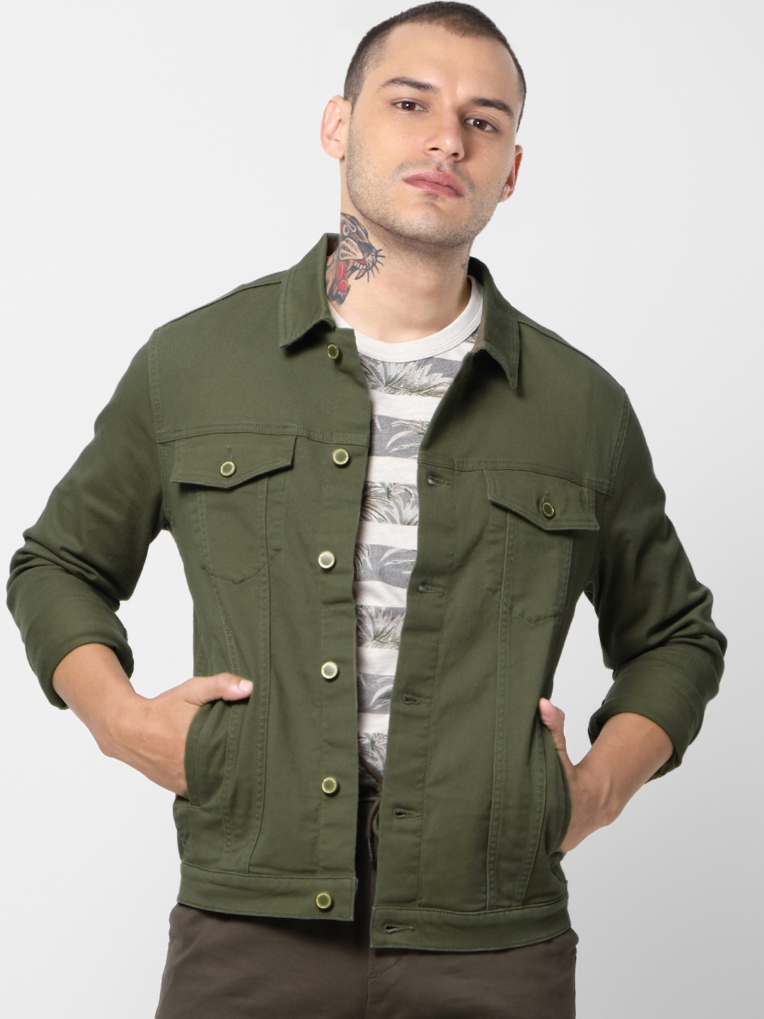 Jack & Jones Men Green Solid Denim Jacket