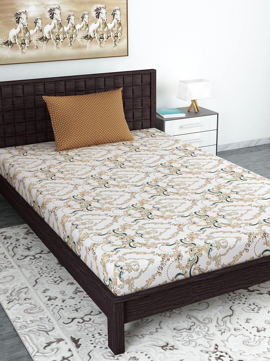Divine Casa Beige Ethnic Motifs Cotton 120 TC Single Superfine Bedsheet with a Pillow Cover-57 x 88 inches