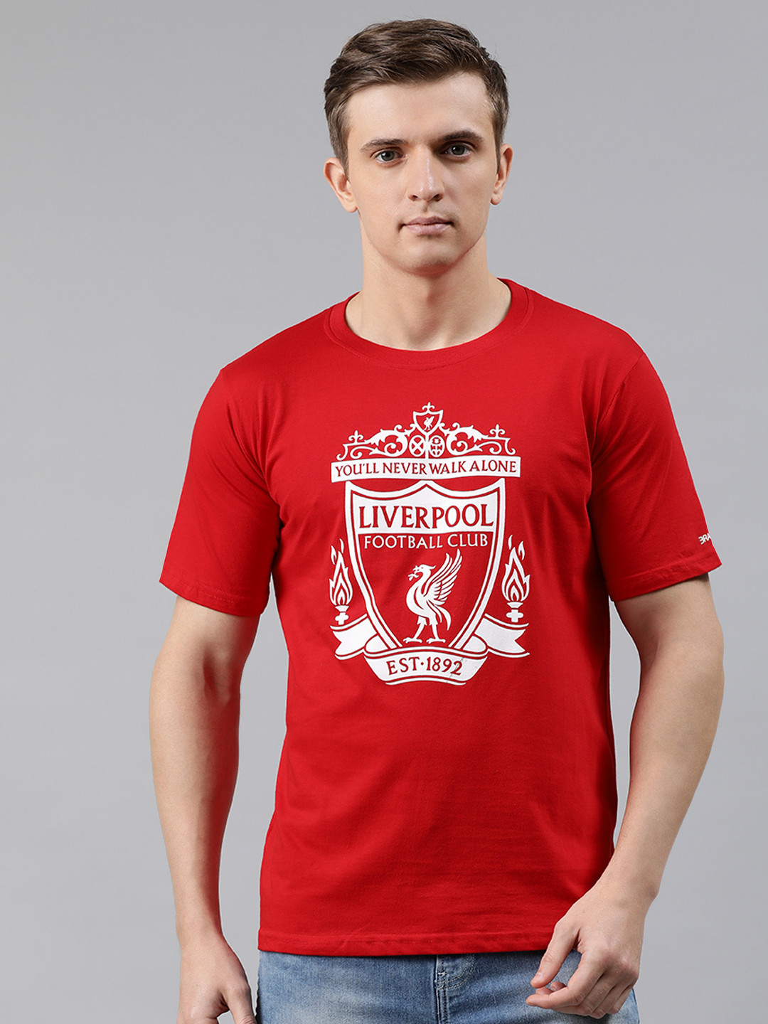 BRATMA Men Red Liverpool Printed Round Neck Pure Cotton T-shirt