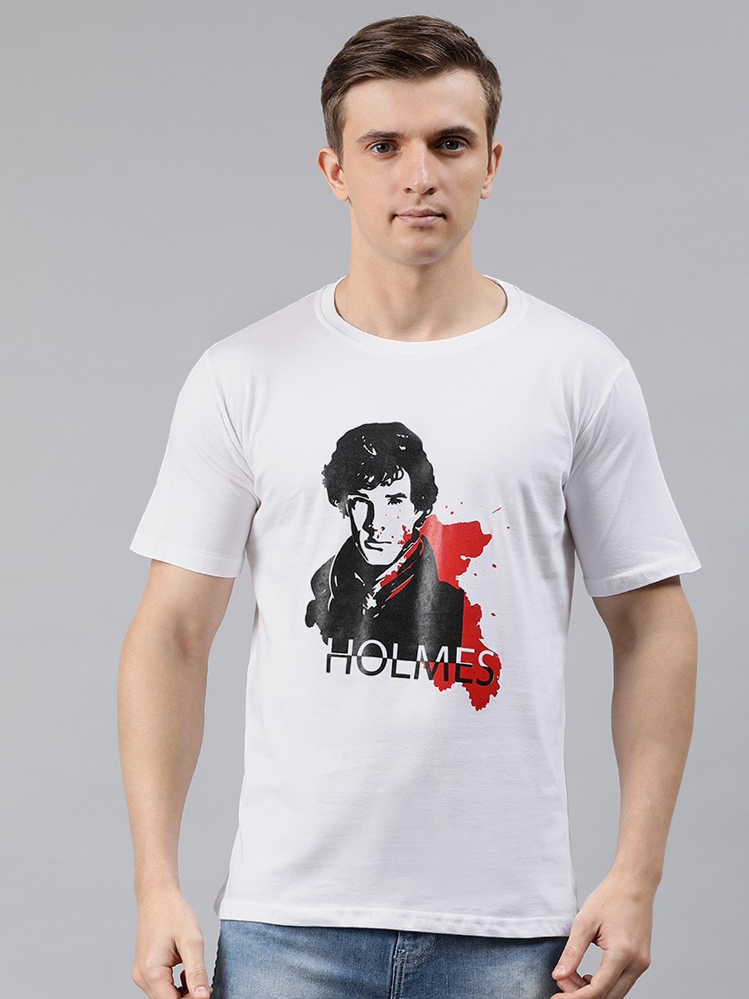 BRATMA Men White Sherlock Holmes Printed Round Neck Pure Cotton T-shirt
