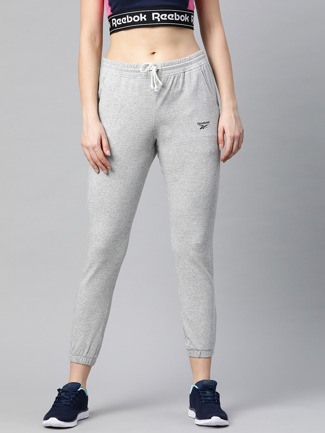 Reebok Women Grey Melange Slim Fit Solid Training Essential Joggers