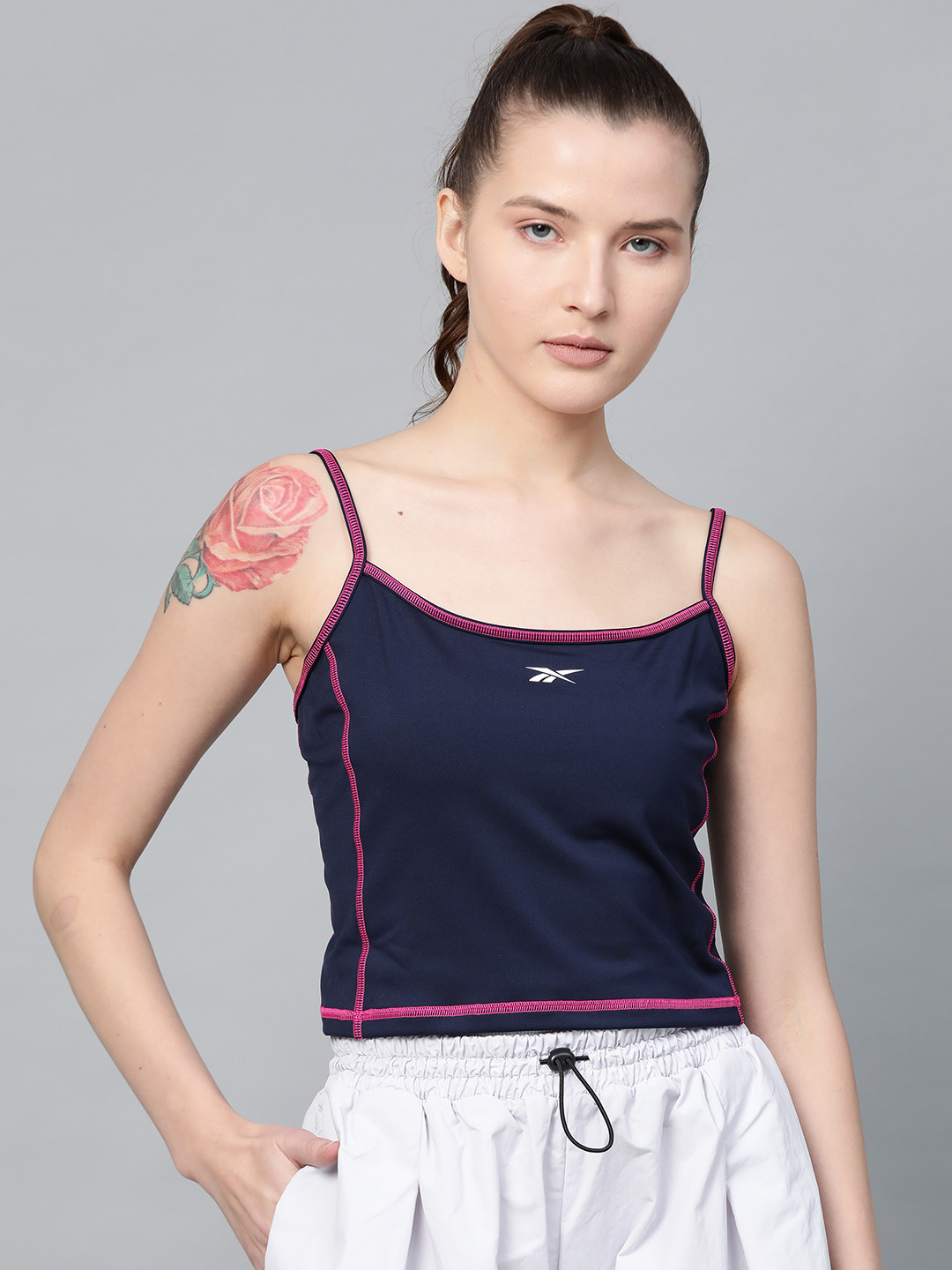 Women Reebok Navy Blue Training Wor Myt Solid Cropped Tank Top