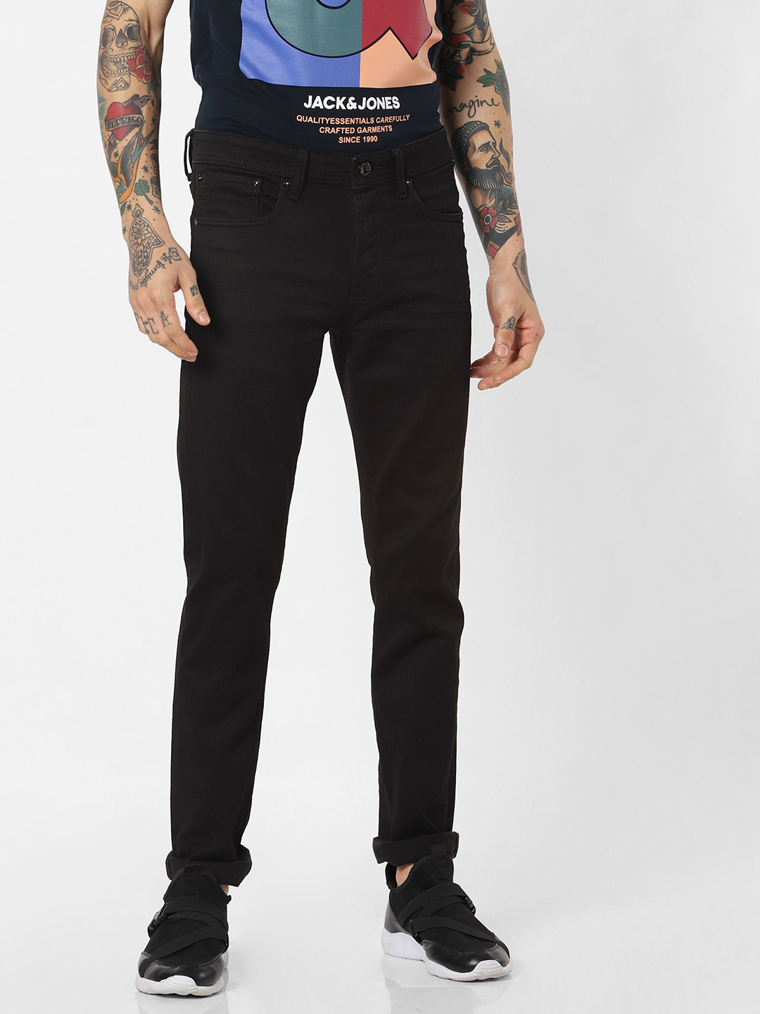 Jack & Jones Men Black Glenn Slim Fit Low-Rise Clean Look Jeans