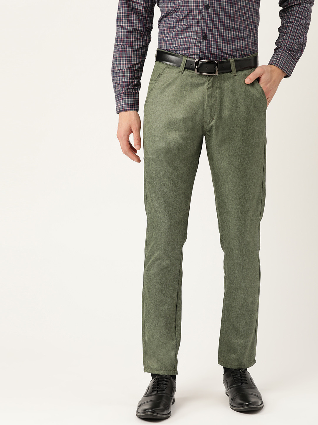SOJANYA Men Olive Green Smart Regular Fit Solid Formal Trousers