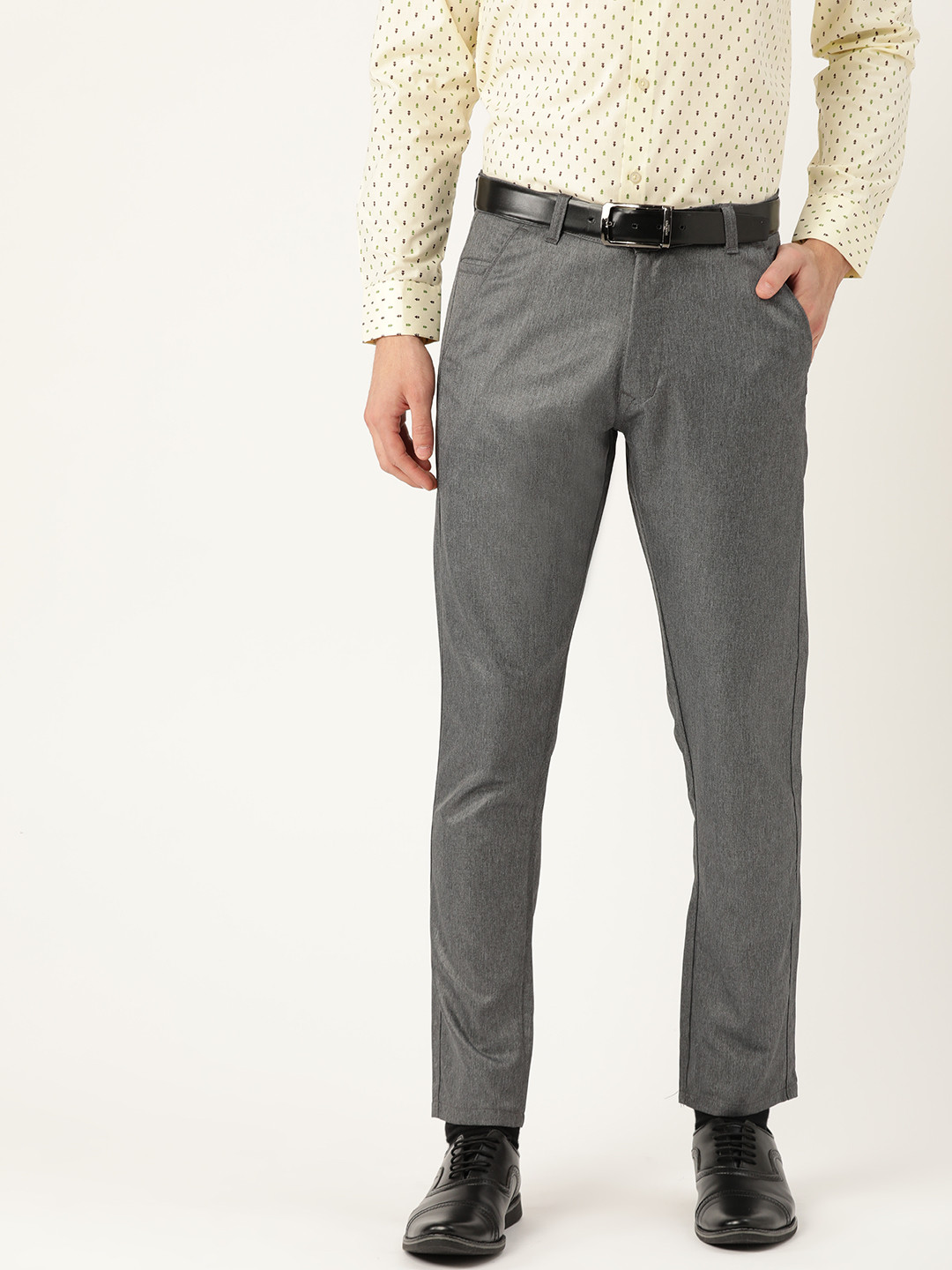 SOJANYA Men Charcoal Grey Slim Fit Textured Formal Trousers