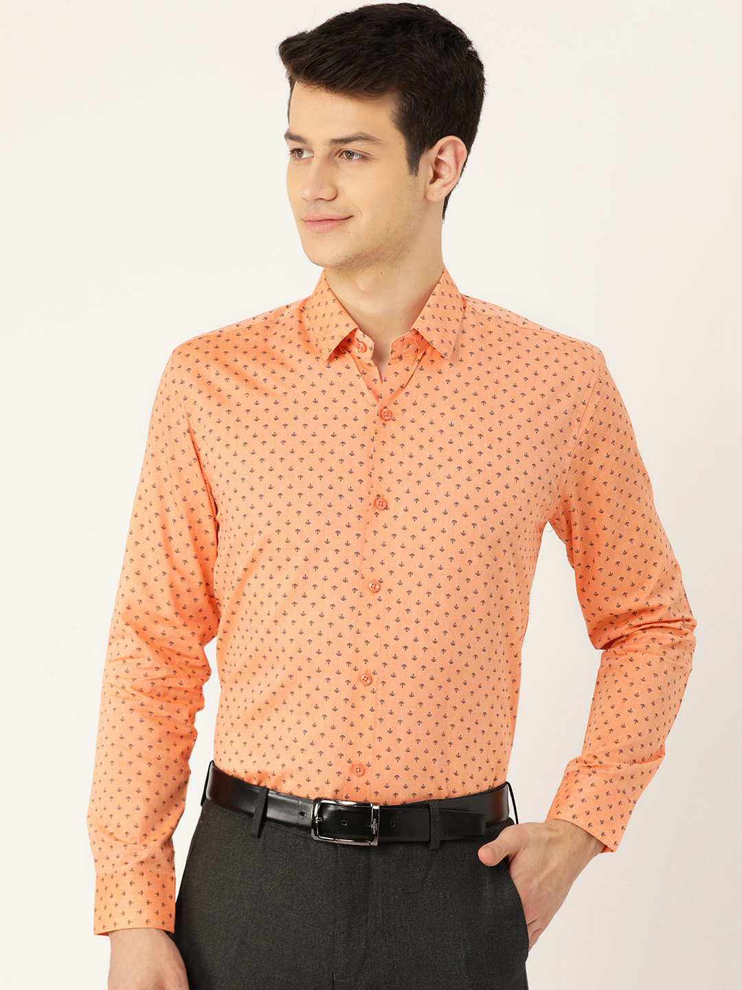 SOJANYA Men Peach-Coloured & Navy Blue Classic Fit Printed Formal Shirt