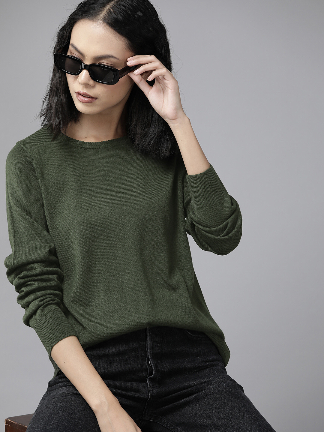 The Roadster Lifestyle Co. Women Olive Green Knitted Pullover