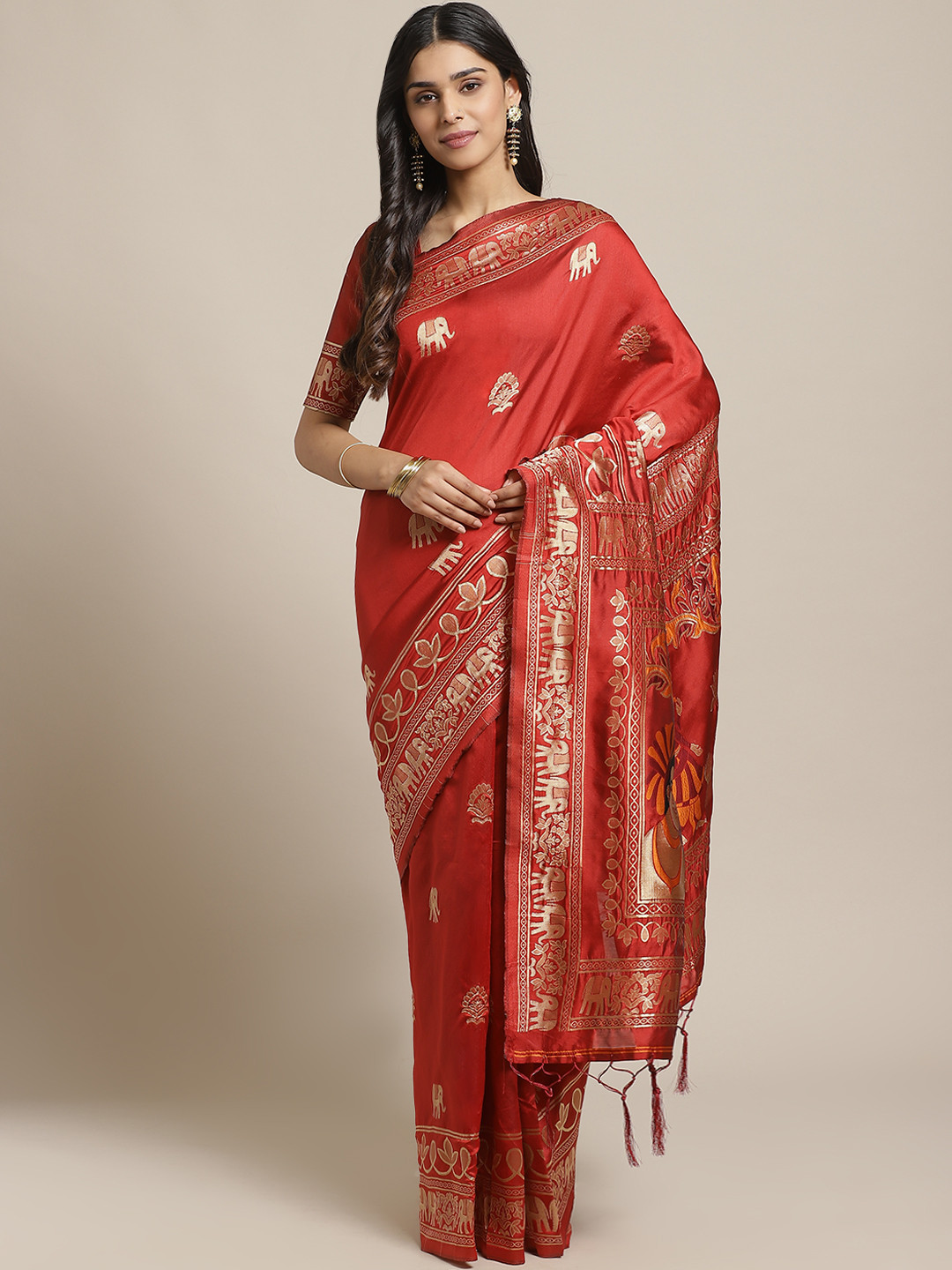 Saree mall Rust Orange & Golden Woven Design Banarasi Saree