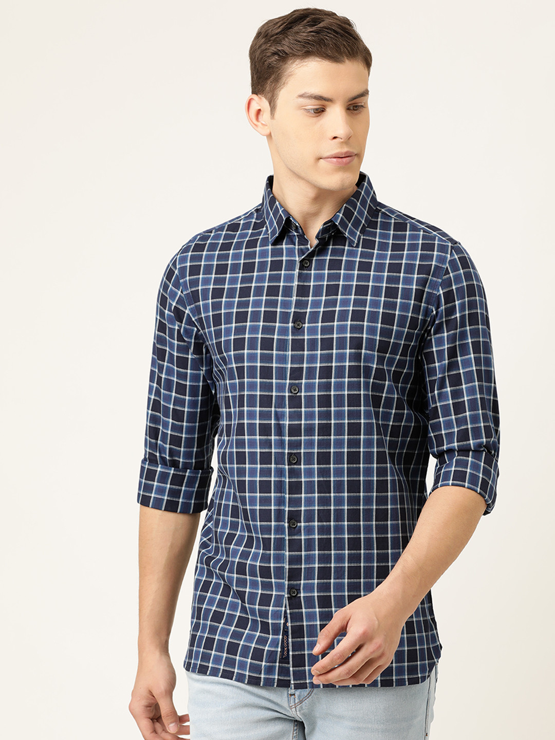 Being Human Men Navy Blue & White Slim Fit Checked Casual Shirt