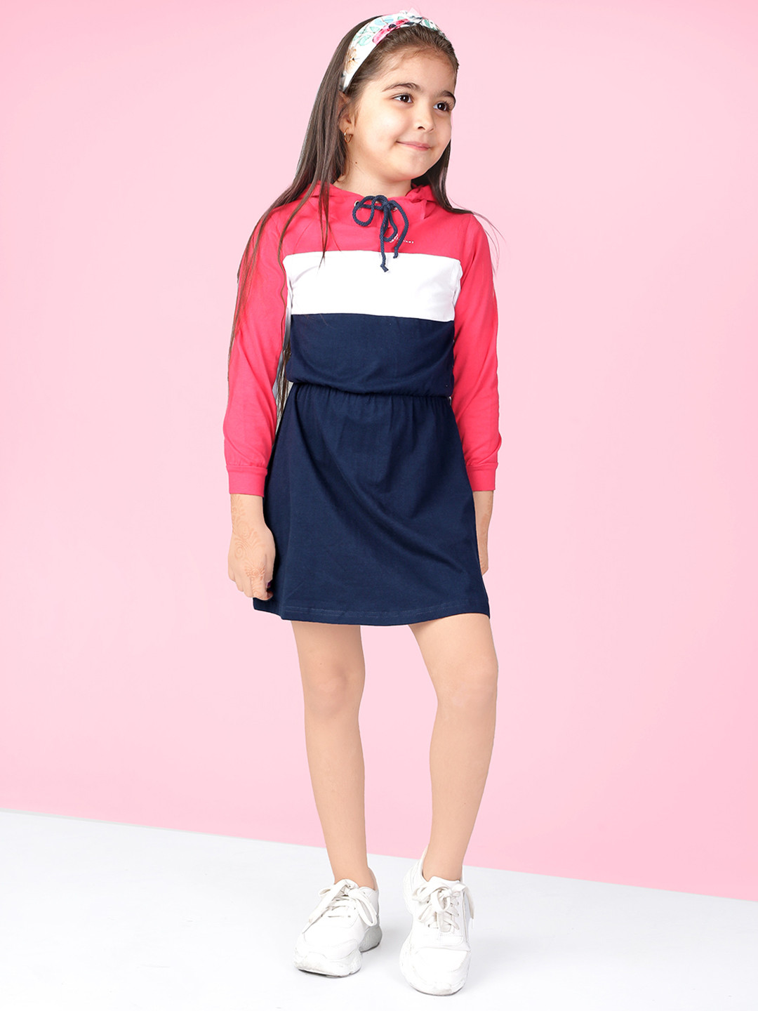 Naughty Ninos Girls Navy Blue & Pink Colourblocked Fit and Flare Dress