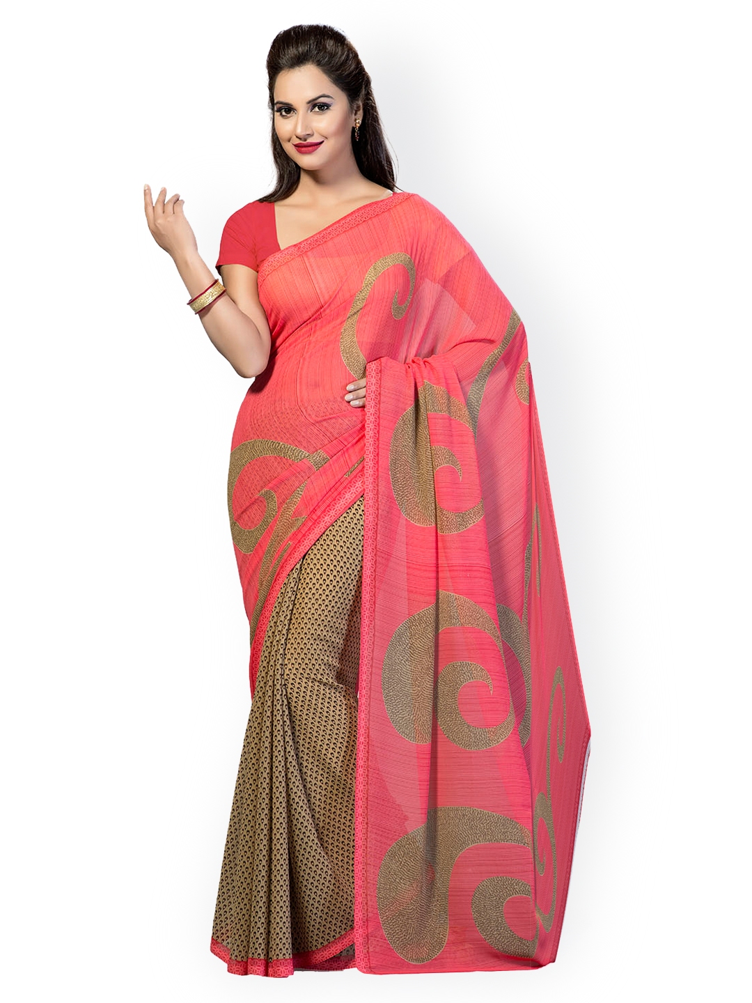 Ishin Pink Beige Georgette Printed Saree