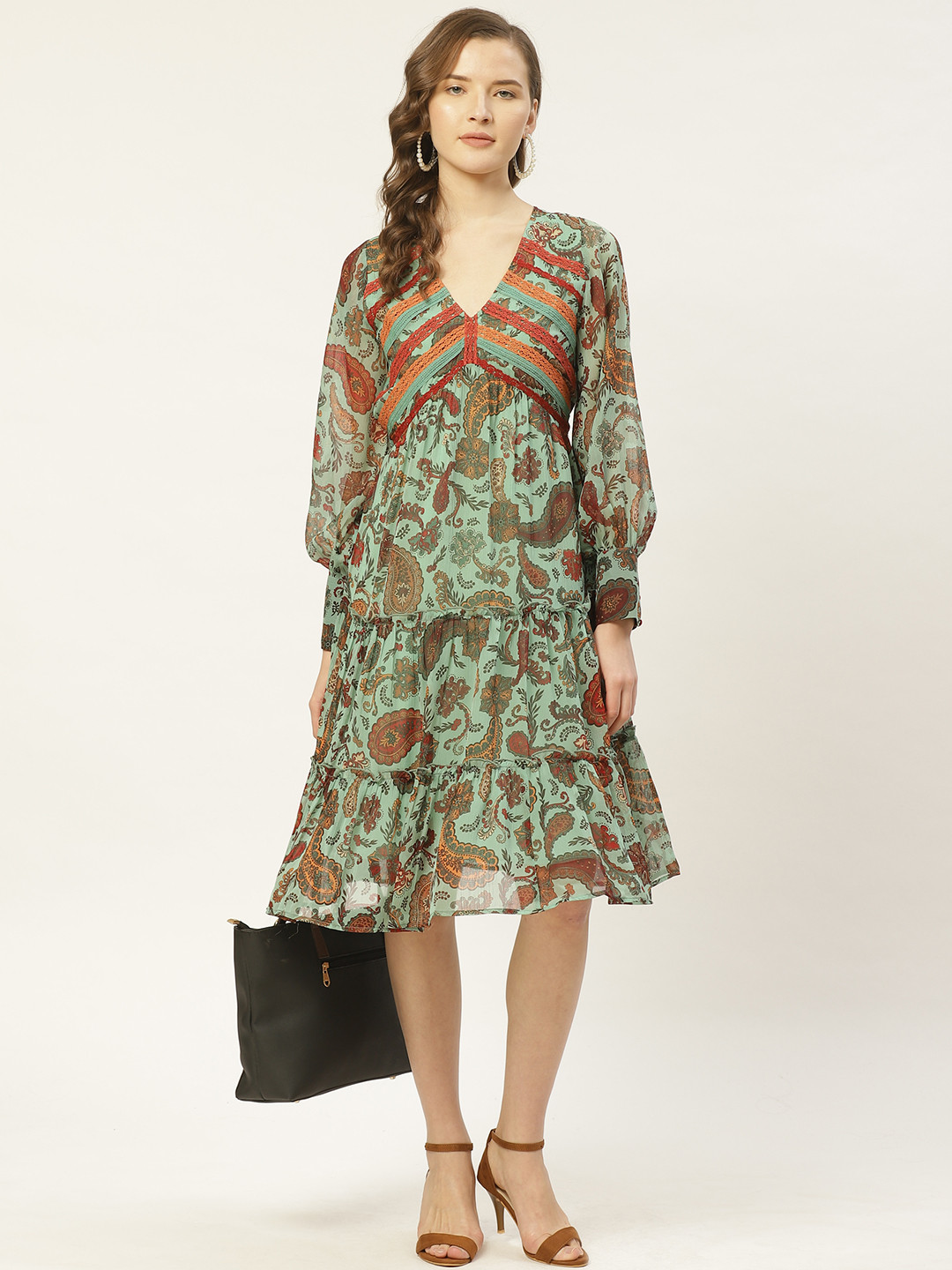 Antheaa Women Mint Green & Orange Paisley Print Tiered A-Line Dress with Lace Inserts