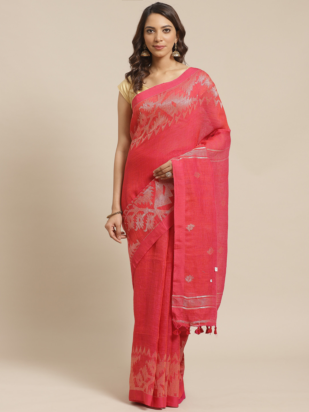 Laa Calcutta Pink & Silver Pure Linen Woven Design Jamdani Handloom Saree