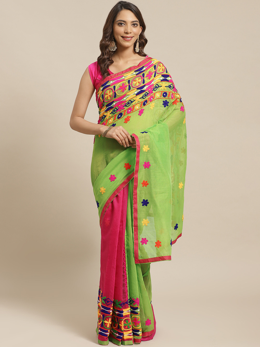 Laa Calcutta Green & Pink Bengal Handloom Kathiabari Embroidered Saree