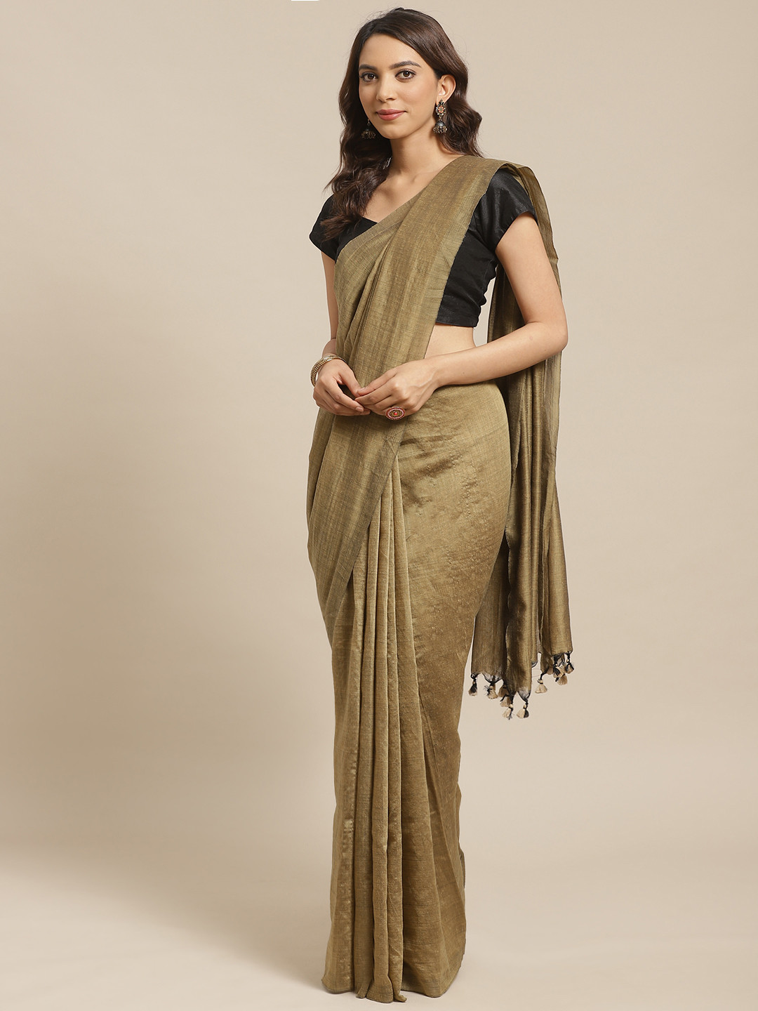 Laa Calcutta Olive Green Solid Handloom Saree