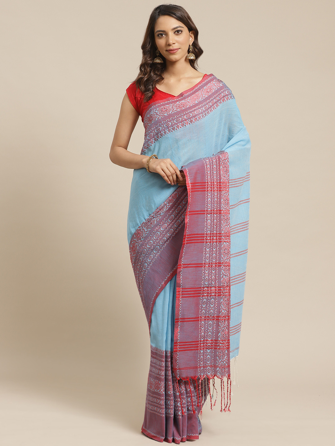 Laa Calcutta Blue & Red Solid Handloom Saree