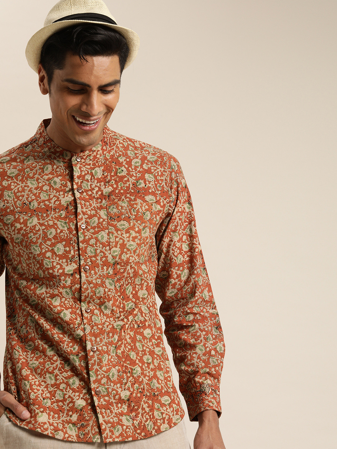 Taavi Men Beige & Black Kalamkari Block Printed Shirt